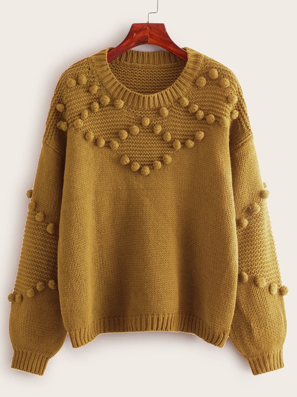

Drop Shoulder Popcorn Knit Sweater, Camel