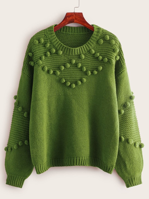 

Drop Shoulder Popcorn Knit Sweater, Green