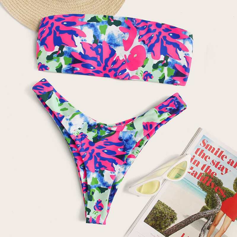 

Graphic Print Bandeau With High Cut Bikini Set, Multicolor