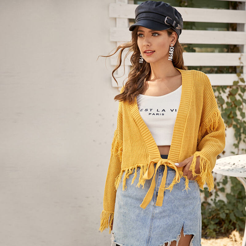 

Fringe Detail Tie Front Cardigan, Yellow bright