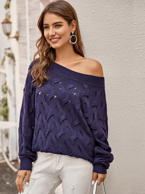 

Drop Shoulder Boat Neck Cable Knit Sweater, Purple, Debi Cruz
