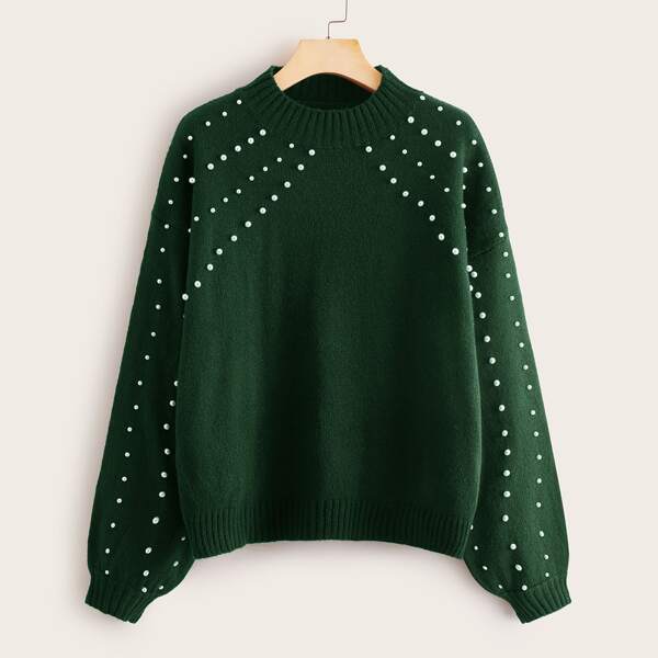 

Pearl Beaded Drop Shoulder Sweater, Green