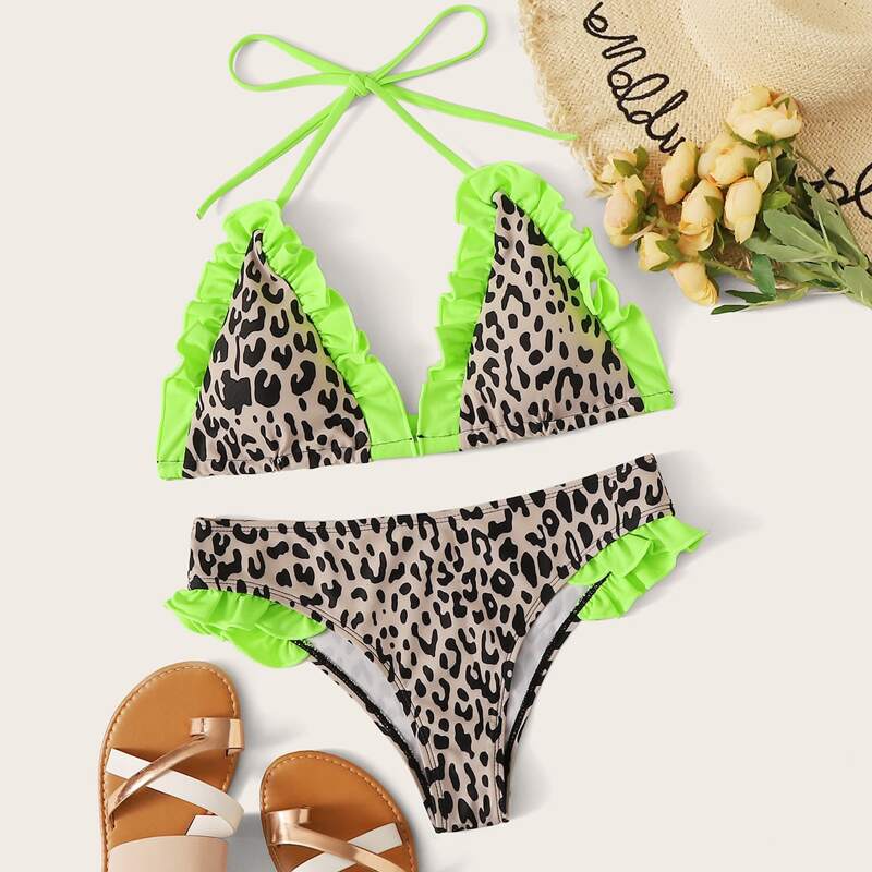 

Neon Frill Trim Leopard Bikini Swimsuit, Multicolor