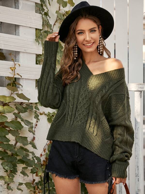 

Drop Shoulder Cable Knit Oversized Sweater, Army green, Debi Cruz