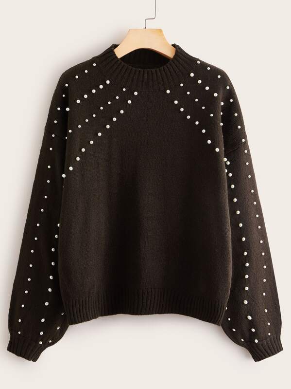 

Drop Shoulder Pearl Beaded Sweater, Brown
