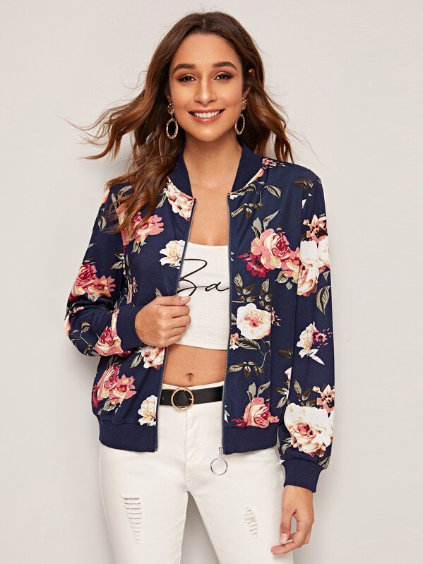 

Zip Up Floral Print Bomber Jacket, Multicolor, Gabi B