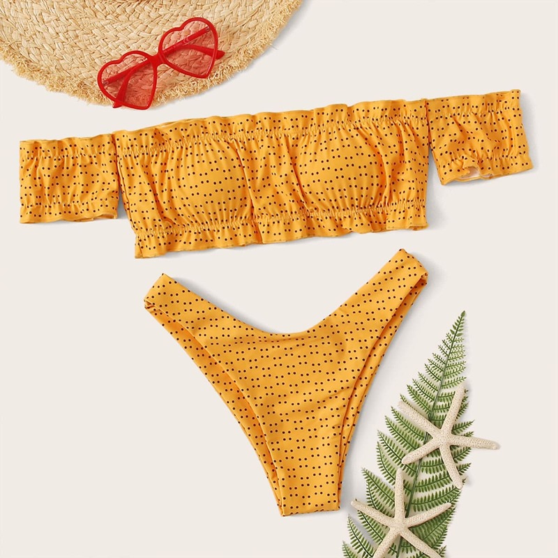 

Polka Dot Bardot Top With High Cut Bikini Set, Yellow