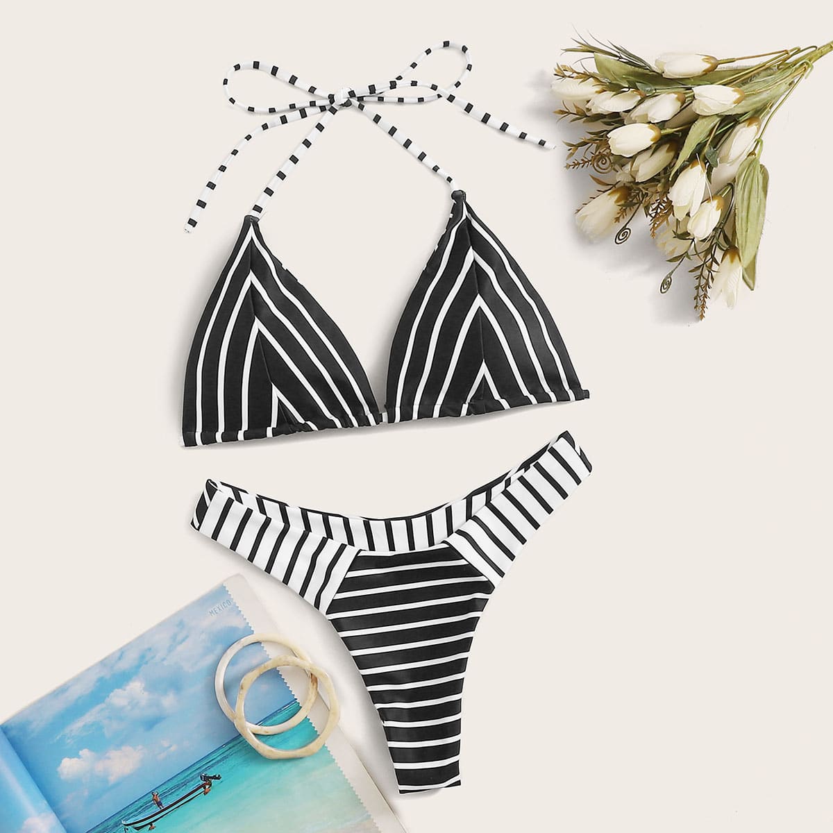 

Chevron Print Halter Top With Striped Bikini Set, Black and white