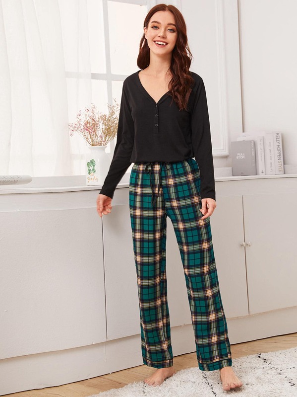 

Tartan Button Front PJ Set, Multicolor, Poly