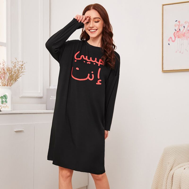 

Graphic Print Long Sleeve Night Dress, Black