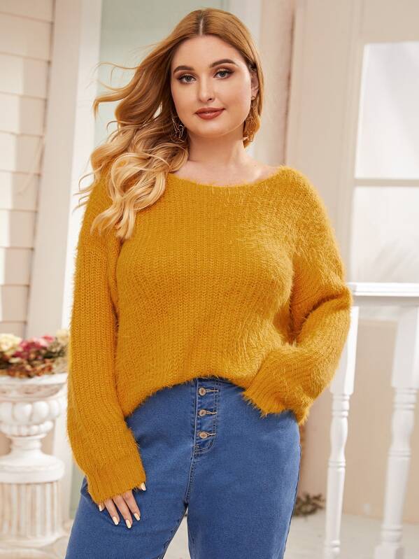 

Plus Drop Shoulder Fluffy Sweater, Yellow, Nora