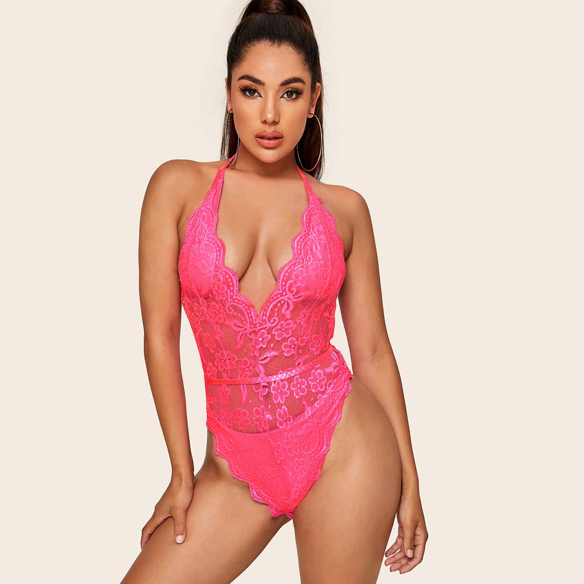

Floral Lace Halter Teddy Bodysuit, Pink