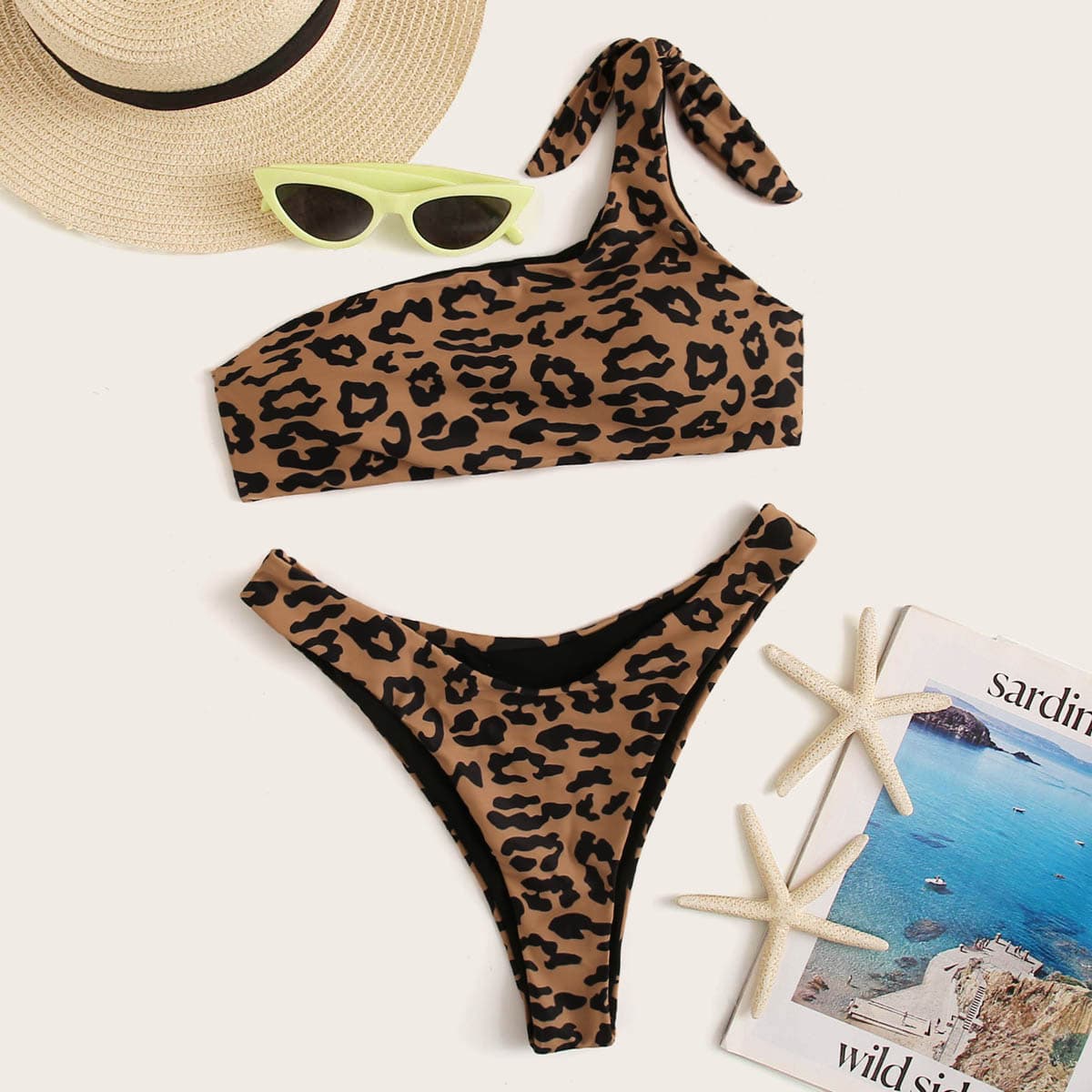 

Leopard Print One Shoulder Bikini Set, Multicolor