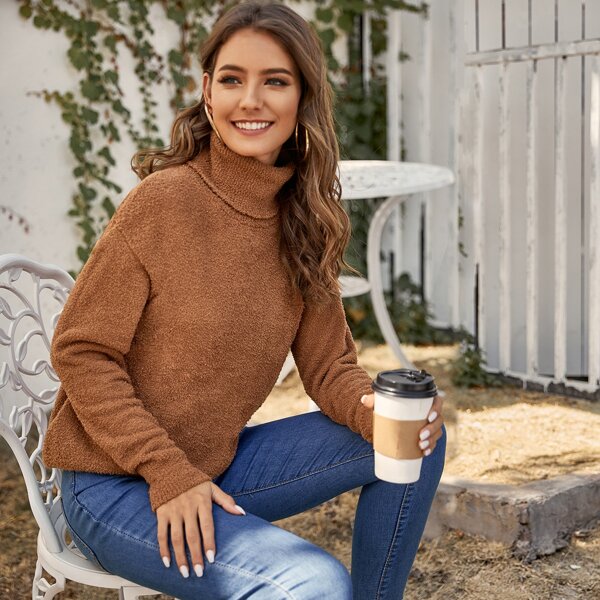 

Solid Drop Shoulder Turtleneck Sweater, Brown