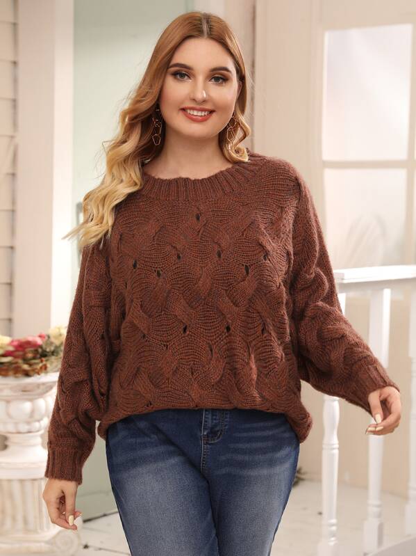 

Plus Crisscross Knit Solid Sweater, Brown, Nora