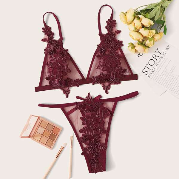 

Floral Appliques Sheer Mesh Lingerie Set, Burgundy