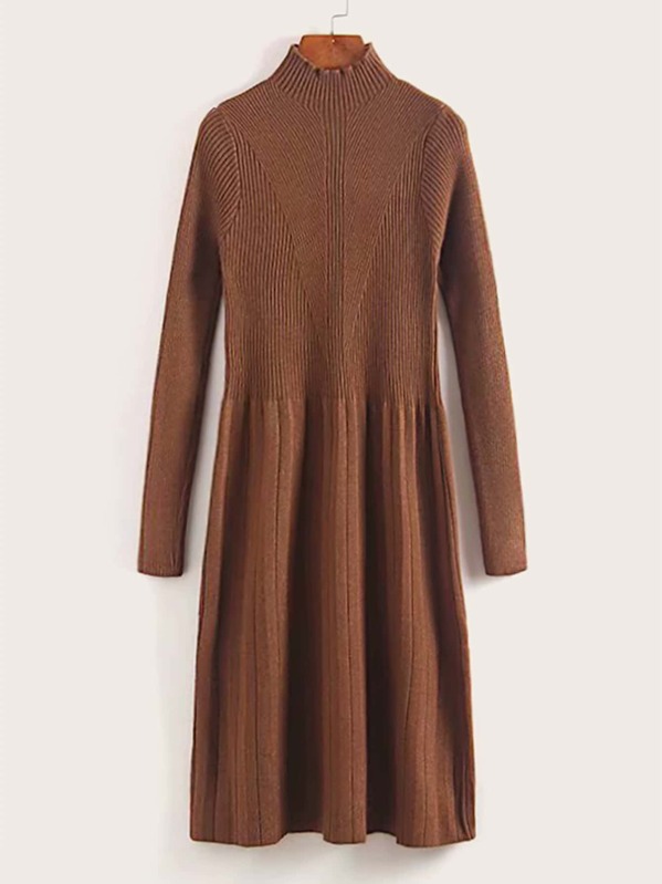 

Solid Mock Neck Ribbed Knit Sweater Dress, Brown