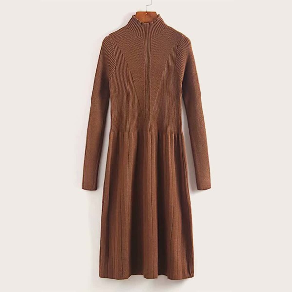 

Solid Mock Neck Ribbed Knit Sweater Dress, Brown