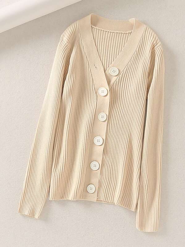 Button Through Ribbed Knit Solid Cardigan, Beige