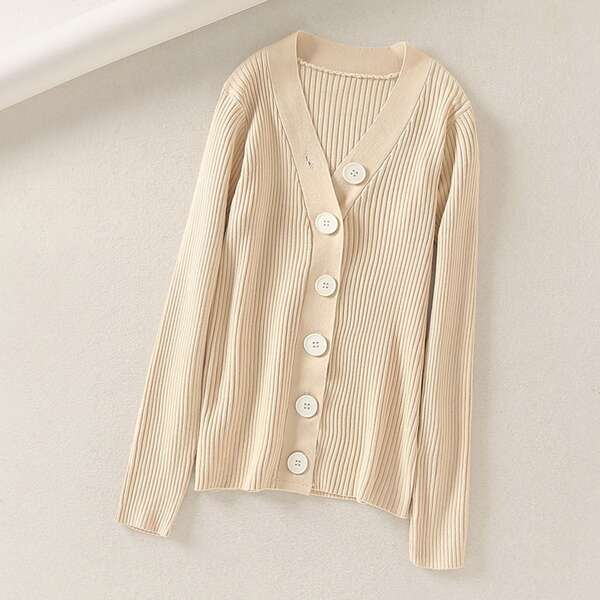 

Button Through Ribbed Knit Solid Cardigan, Beige