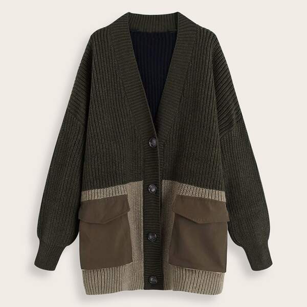 

Color-block Flap Pocket Ribbed Knit Cardigan, Multicolor