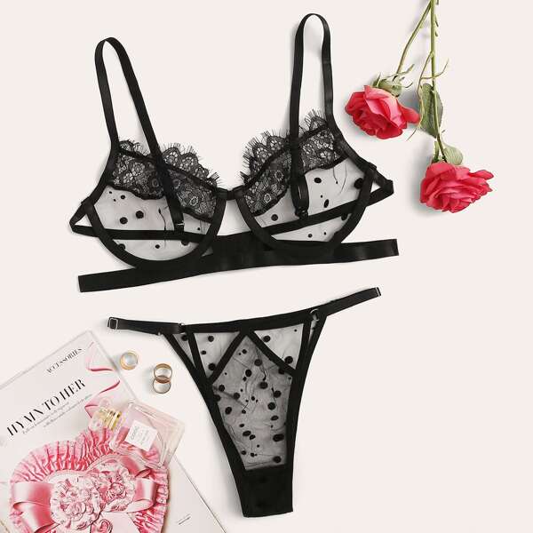 Polka Dot Contrast Lace Underwire Lingerie Set, Black