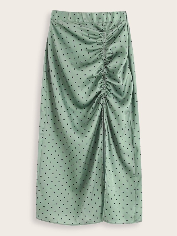 

Polka Dot Ruched Split Thigh Skirt, Green