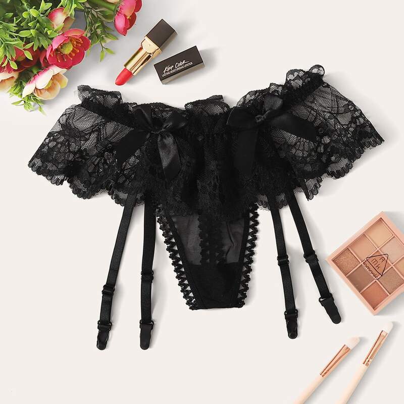

Floral Lace Garter Brief, Black