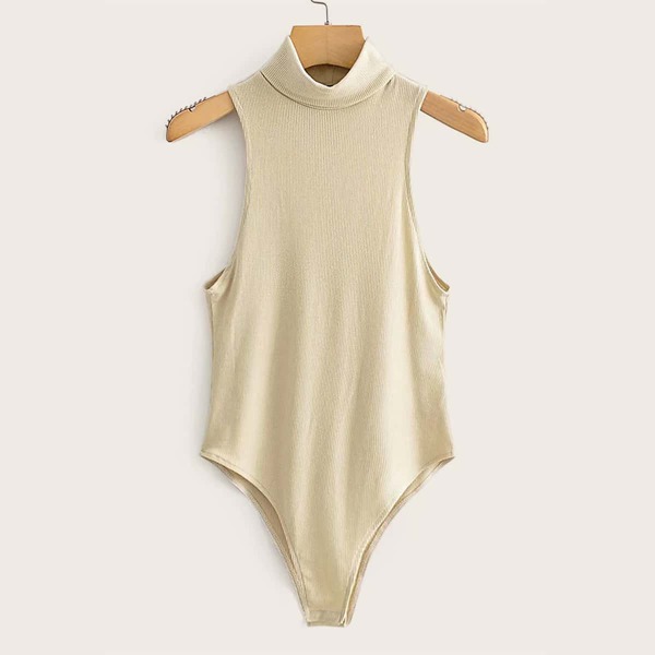

Solid Turtleneck Sleeveless Ribbed Bodysuit, Beige