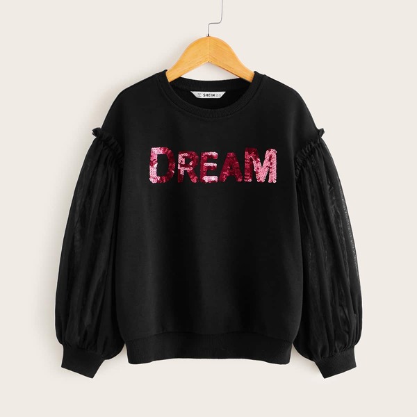 

Girls Sequin Letter Graphic Mesh Lantern Sleeve Pullover, Black
