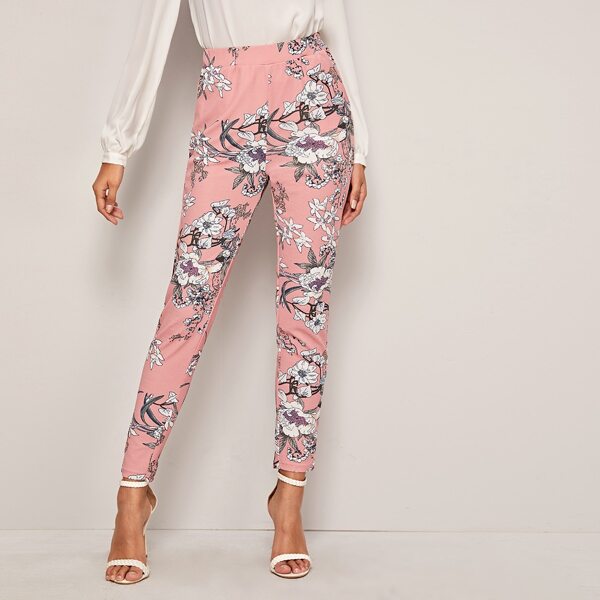 

Elastic Waist Botanical Print Pants, Pink