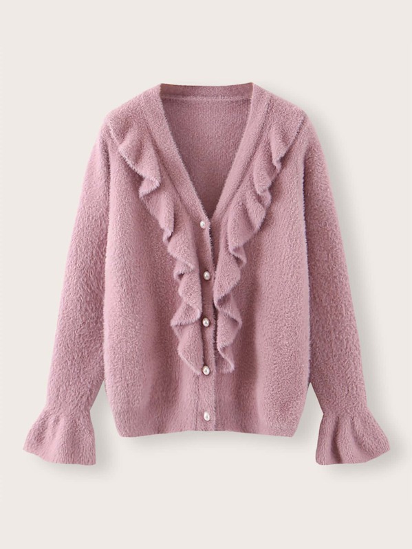 

Ruffle Trim Button Through Fuzzy Cardigan, Pink