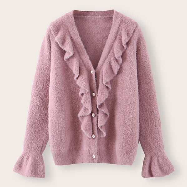 

Ruffle Trim Button Through Fuzzy Cardigan, Pink