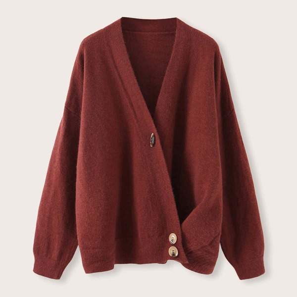 

Solid Button Front V-Neck Cardigan, Brown