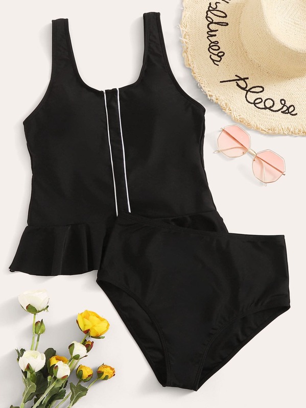 

Ruffle Trim Top With High Waist Tankini Set, Black