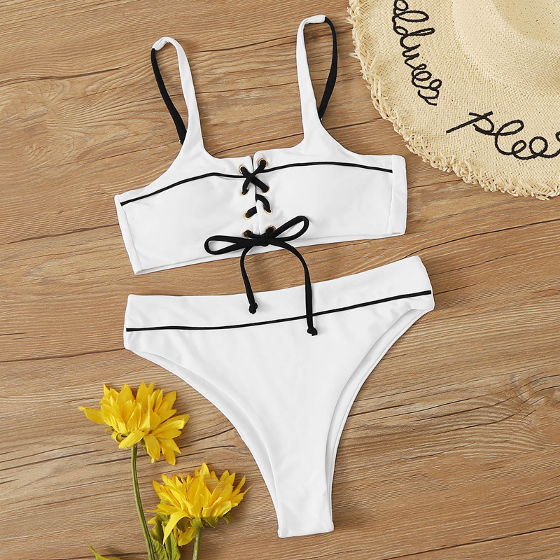 

Lace-up Top With High Cut Bikini Set, White