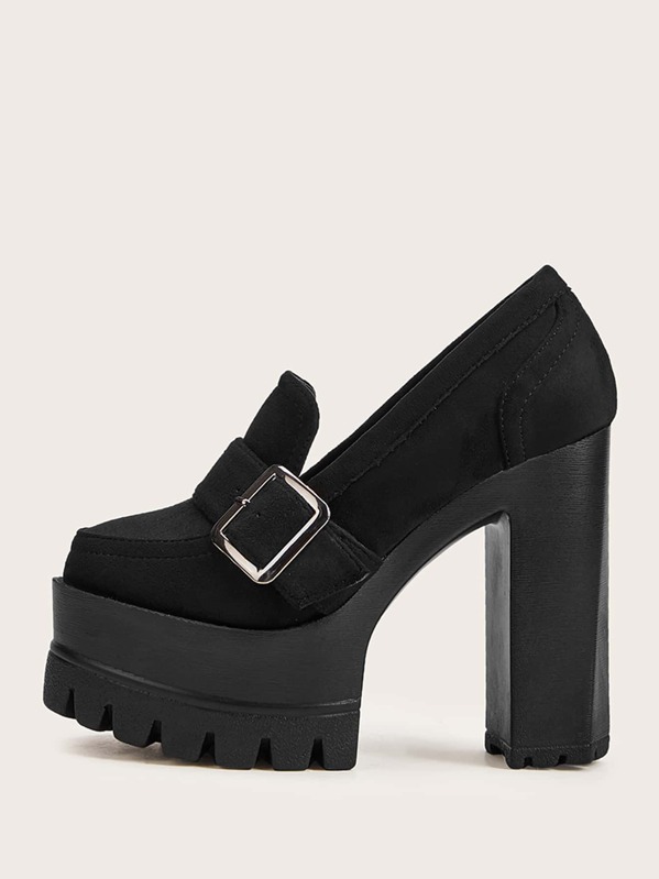 

Buckle Decor Platform Chunky Heels, Black