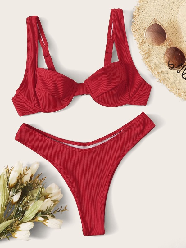 

Rib Underwire Top With High Cut Bikini Set, Red