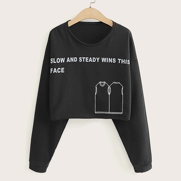 

Slogan & Cartoon Graphic Crop Tee, Black