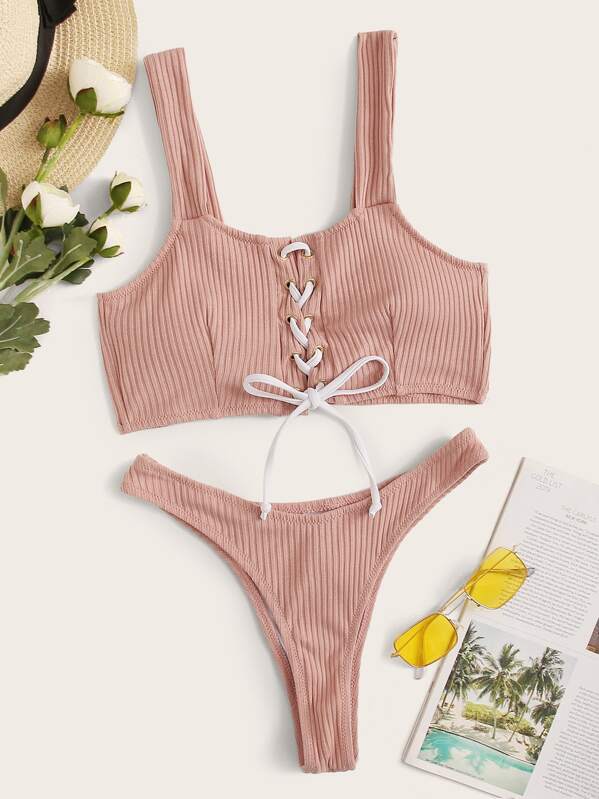 

Rib Lace Up Top With High Cut Bikini Set, Pink