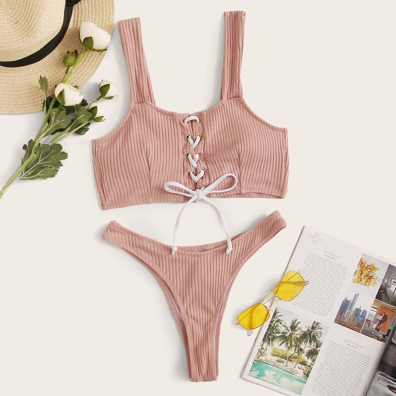 

Rib Lace Up Top With High Cut Bikini Set, Pink pastel