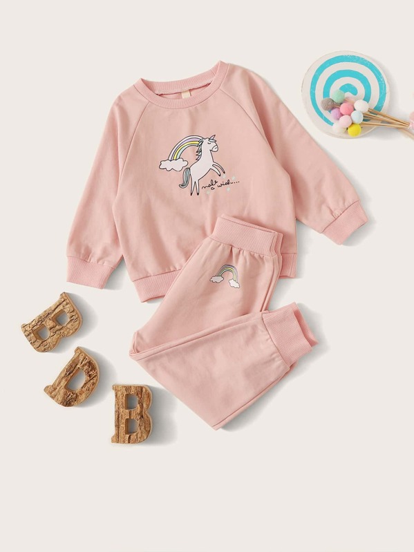 

Toddler Girls Cartoon Graphic Sweatshirt & Sweatpants, Pink