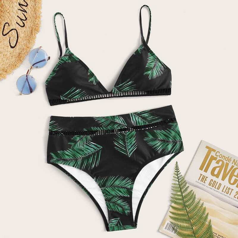 

Palm Print Top With High Waist Bikini Set, Black