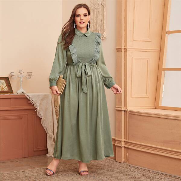 

Plus Ruffle Detail Schiffy Yoke Belted Dress, Green