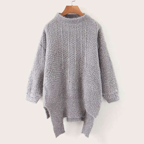 

Solid Mock Neck Raw Hem Fuzzy Sweater, Grey
