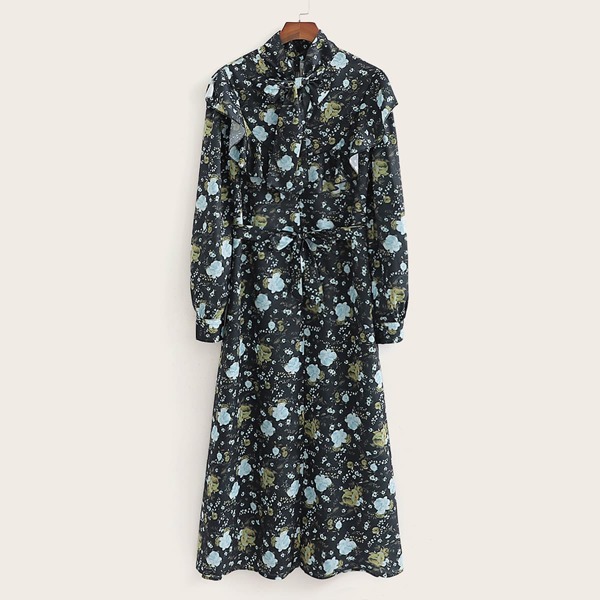 

Floral Print Tie Neck Ruffle Trim Belted Dress, Multicolor