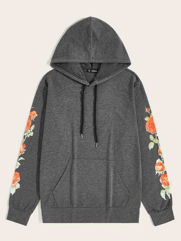 

Men Floral Print Patch Pocket Drawstring Hoodie, Grey