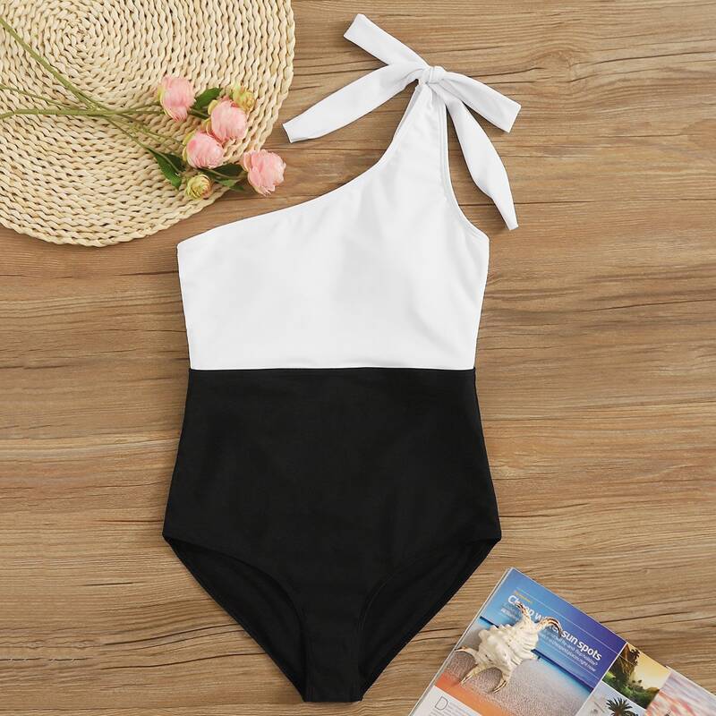 

Two Tone Tie Shoulder One Piece Swimsuit, Black and white