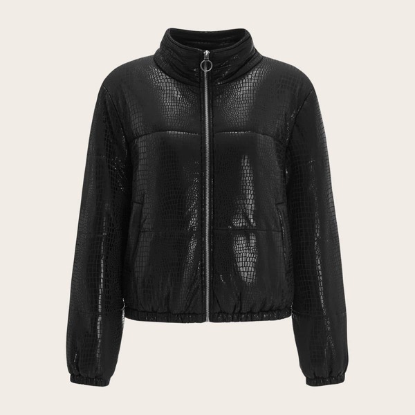 Crocodile Embossed Leather Look Padded Jacket, Black