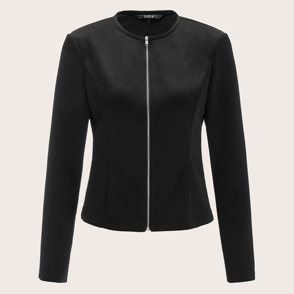 

Round Neck Solid Zipper Up Jacket, Black